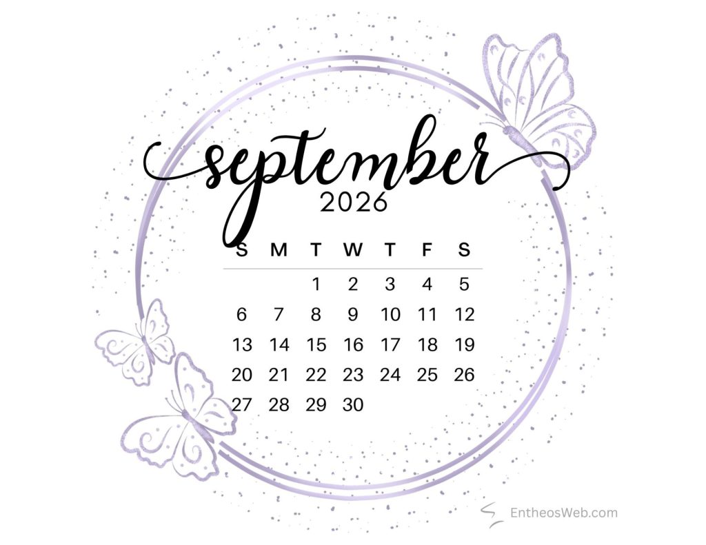 September 2026 calendar page with a decorative purple butterfly motif and circular frame showing days of the week s m t w t f s and numbered dates 130 in black text september printable calendar cutterflies
