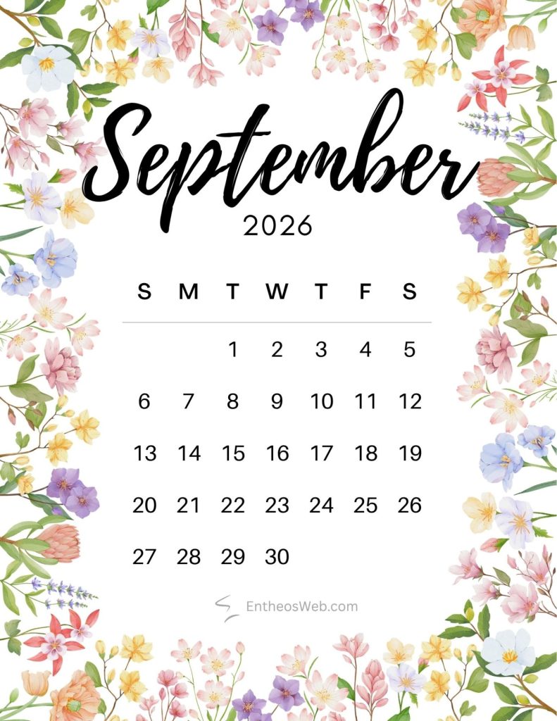 September 2026 calendar page with a floral watercolor border surrounding a white background September printable calendar floral border