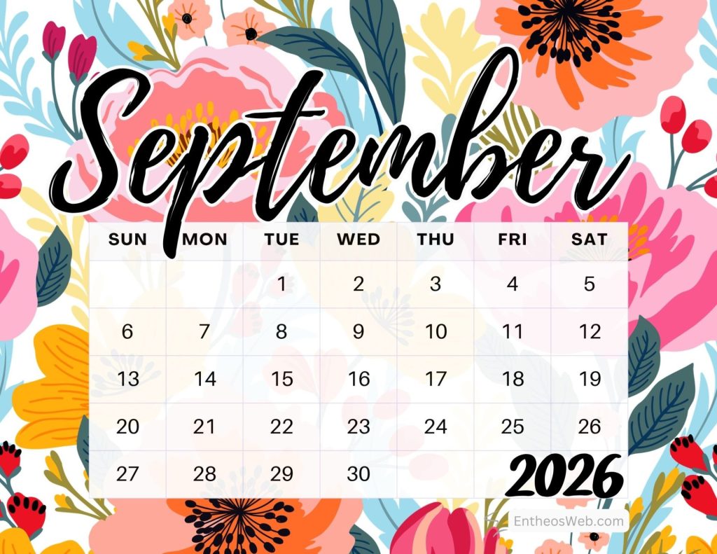 September 2026 calendar over a bright floral background showing a weekly grid with sundays through saturdays September printable calendar with colorful floral background