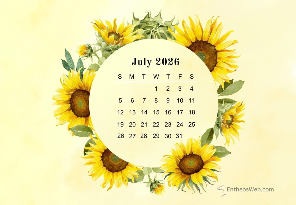 Sunflower border july printable calendar 2026 | july 2026 calendar printables 150+ free designs | entheosweb Sunflower circle border july printable calendar 2026 yellow background sunflower border july printable calendar 2026