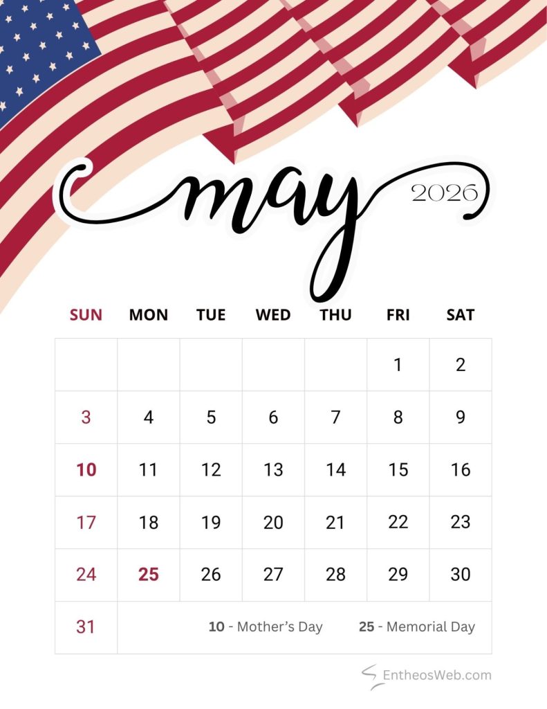 Usa flag may 2026 printable calendar with holidays and special observances