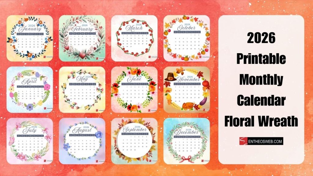 2026 printable monthly calendar floral wreath
