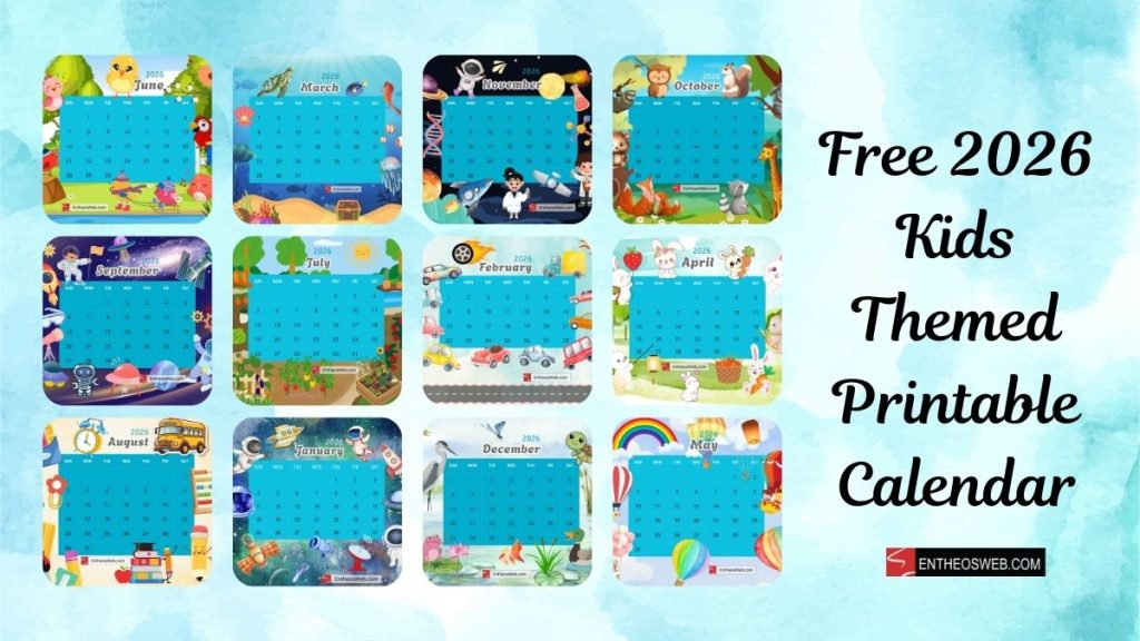 Free 2026 kids themed printable calendar