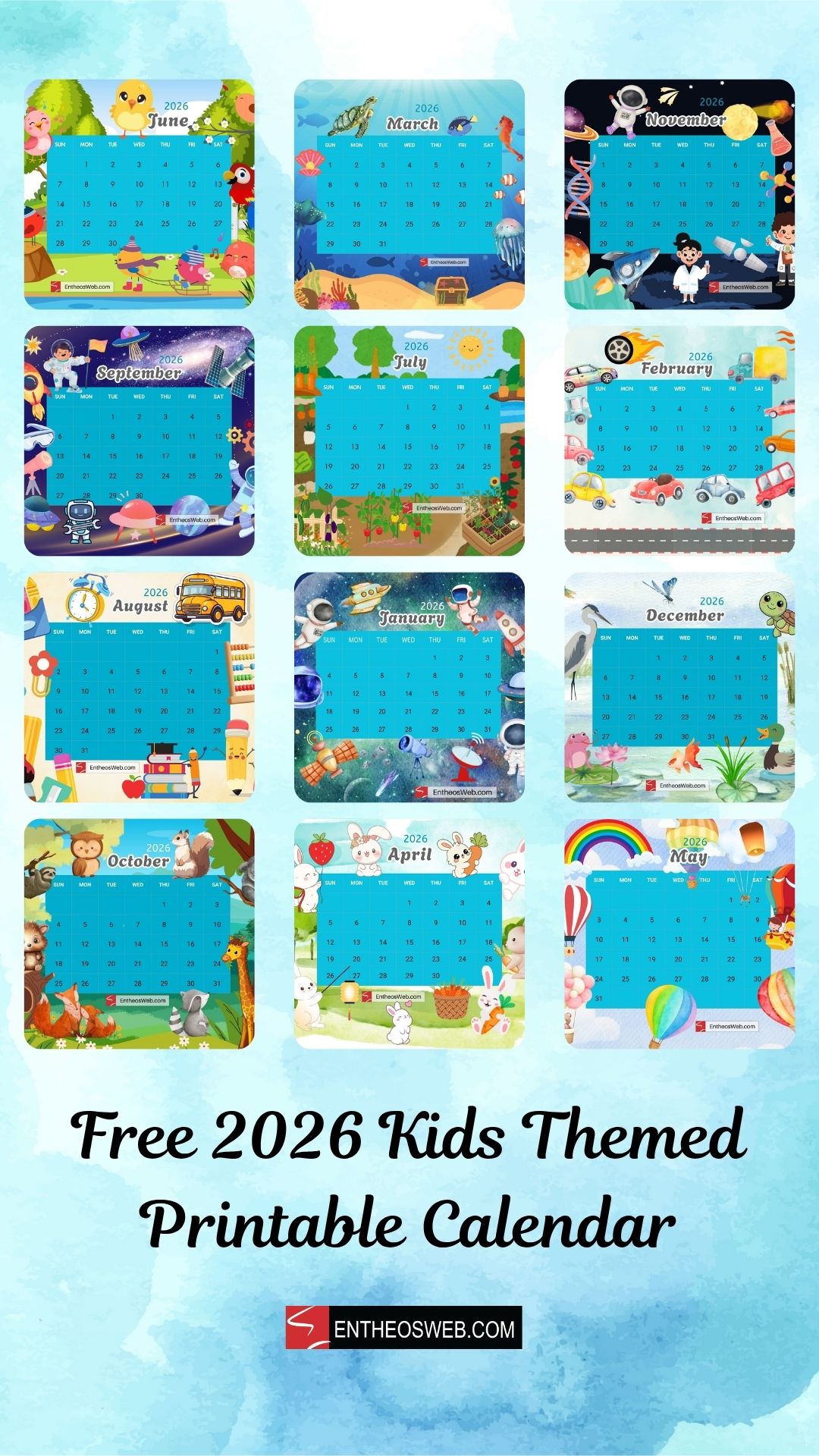 Free 2026 Kids Themed Printable Calendar Pimage | Free 2026 Kids Themed Printable Calendar | Entheosweb Free 2026 kids themed printable calendar