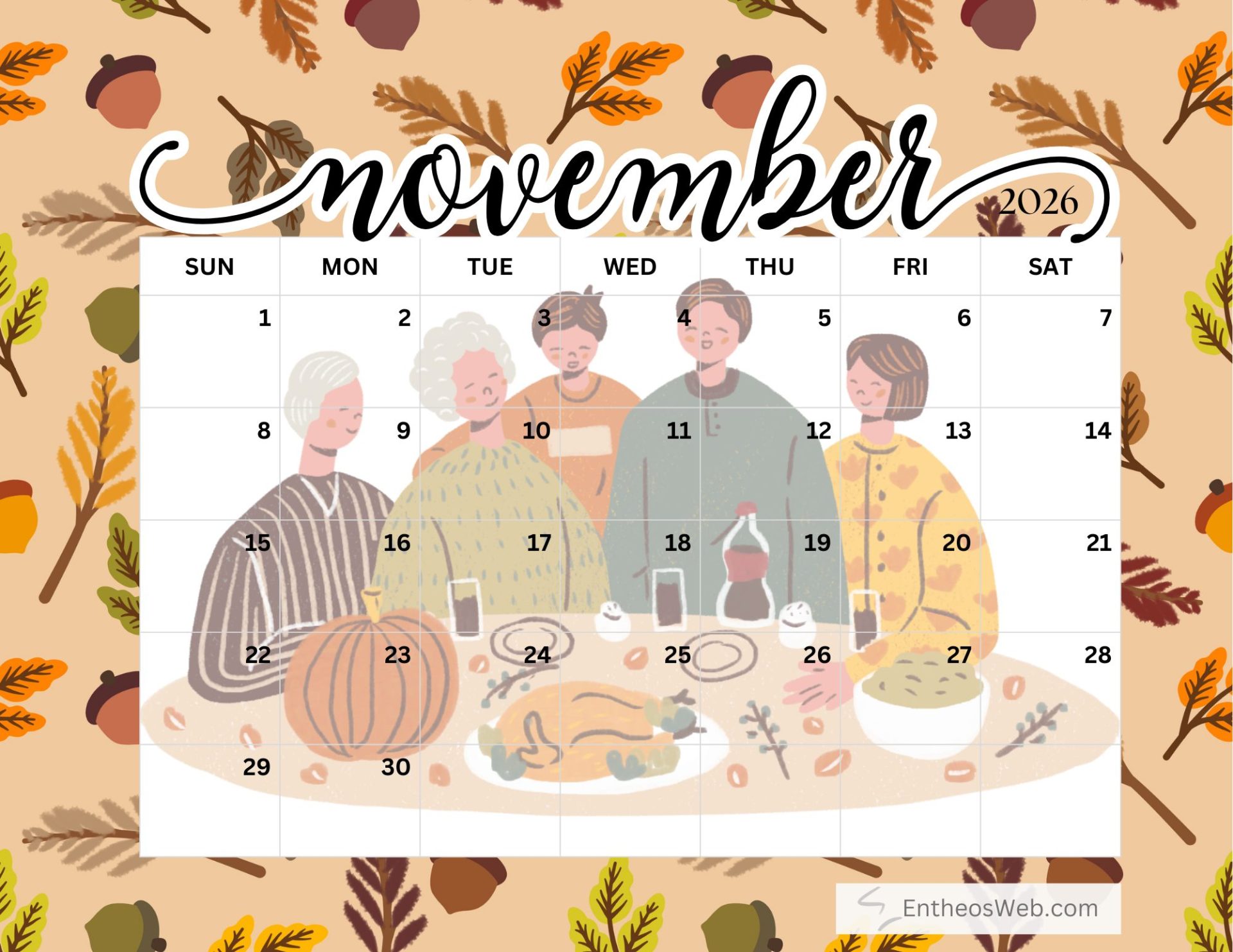 Free printable november 2026 calendar by entheosweb | 2026 calendar printable for each month | entheosweb 2026 calendar printable for each month