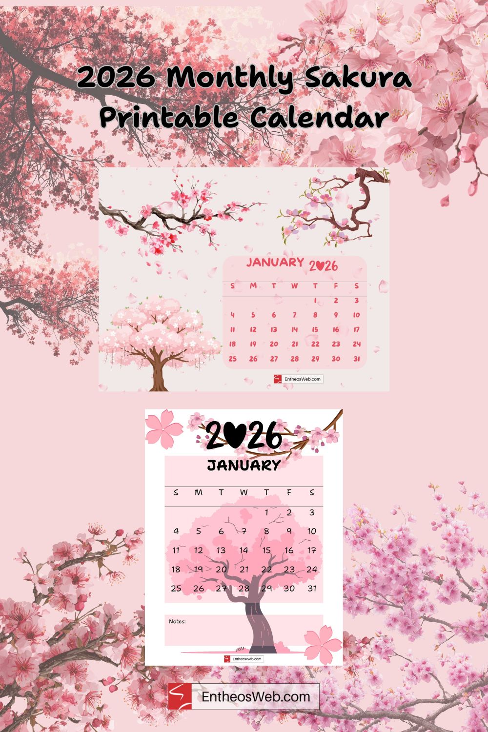 2026 Monthly Sakura Calendar Both | 2026 Monthly Sakura Printable Calendar | Entheosweb 2026 monthly sakura printable calendar