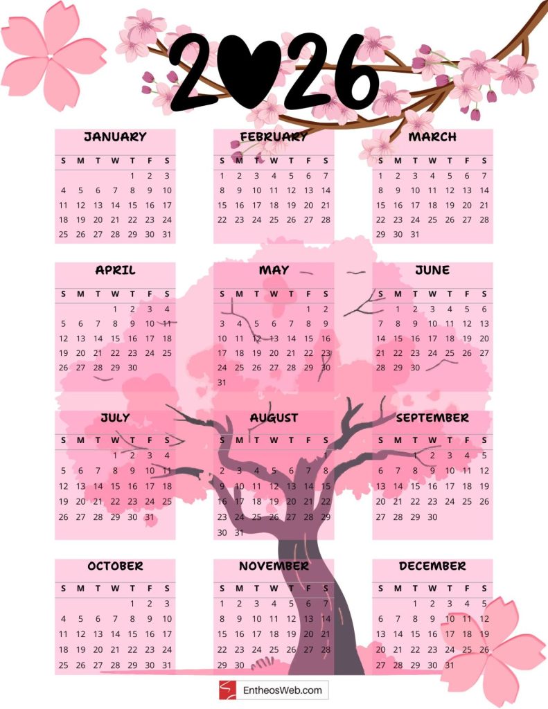 Cute 2026 full year one page printable sakura calendar