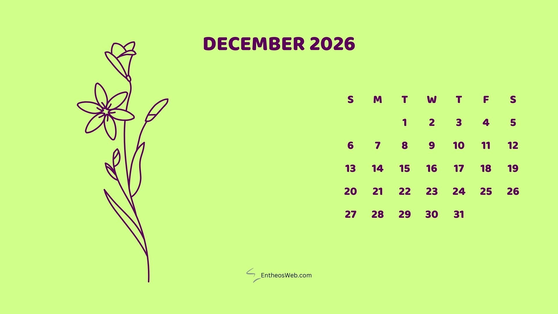 December 2026 Monthly Flower Themed Desktop Wallpaper Calendarpastel | 2026 Monthly Flower Themed Desktop Wallpaper Calendar | Entheosweb December 2026 monthly flower themed desktop wallpaper calendarpastel