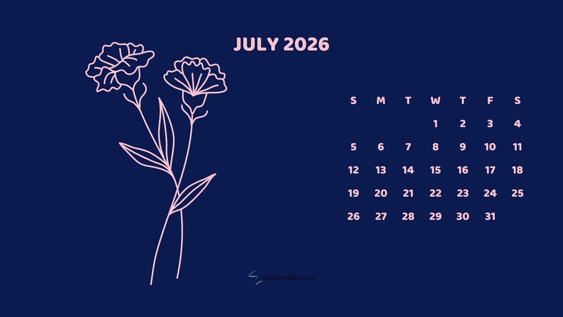 July 2026 Monthly Flower Themed Desktop Wallpaper Calendardark | 2026 Monthly Flower Themed Desktop Wallpaper Calendar | Entheosweb July 2026 monthly flower themed desktop wallpaper calendardark