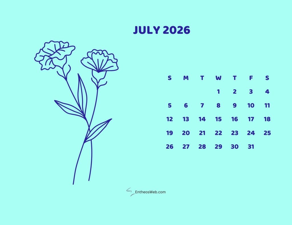 July  2026 monthly flower themed printable calendarpastel