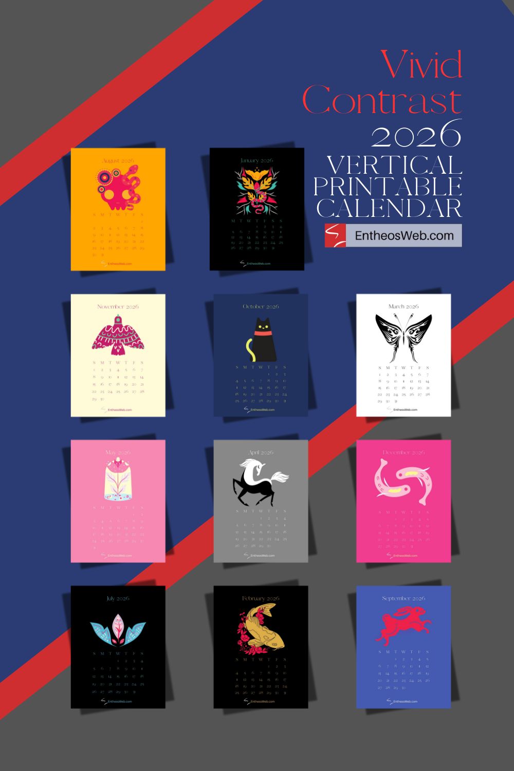 Vivid Contrast Vertical Printable Calendar Pintrest Pin | Vivid Contrast 2026 Monthly Vertical Printable Calendar | Entheosweb Vivid contrast 2026 monthly vertical printable calendar