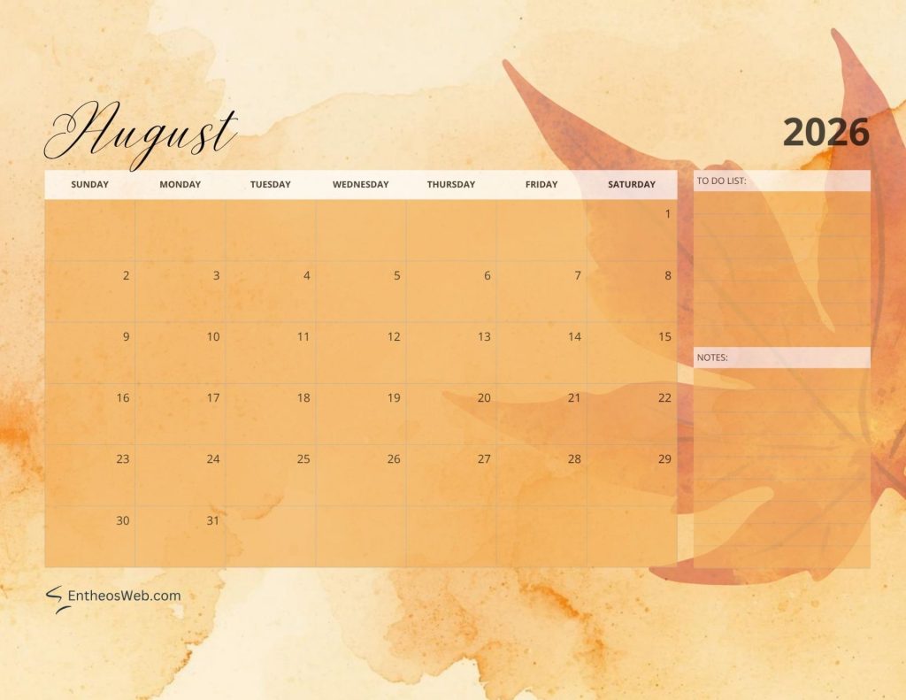 2026 calendar   august