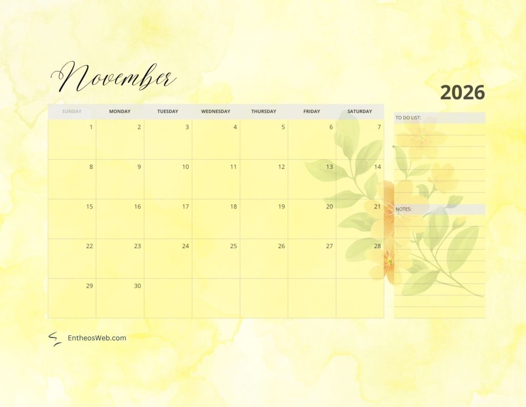 2026 calendar   november florals