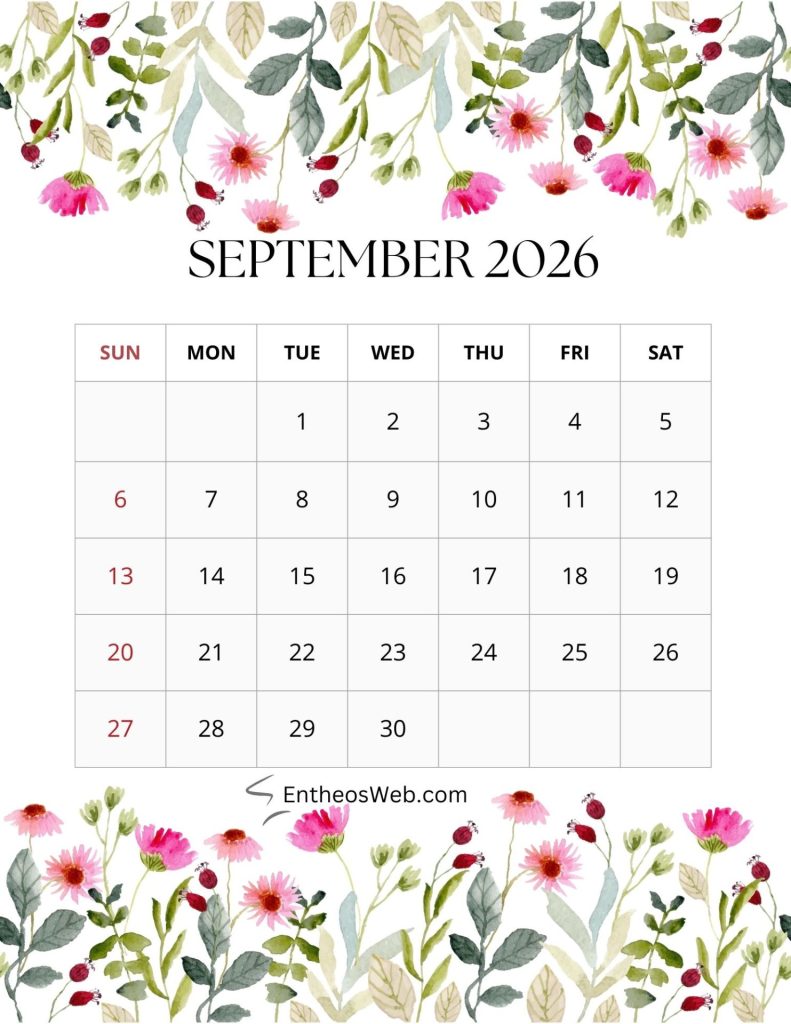 2026 september monthly floral calendar