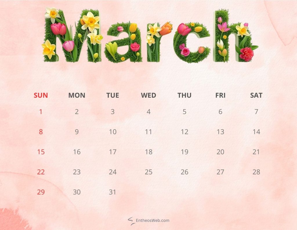 March 2026 printable calendar tulips