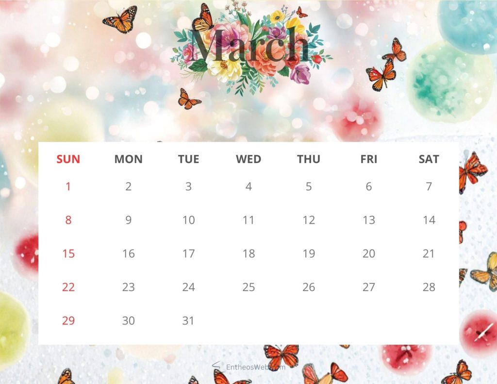 March 2026 printable calendar butterflies