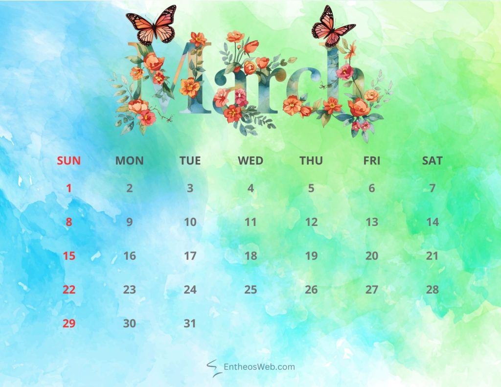 March 2026 printable calendar watercolor flowers and butterflies