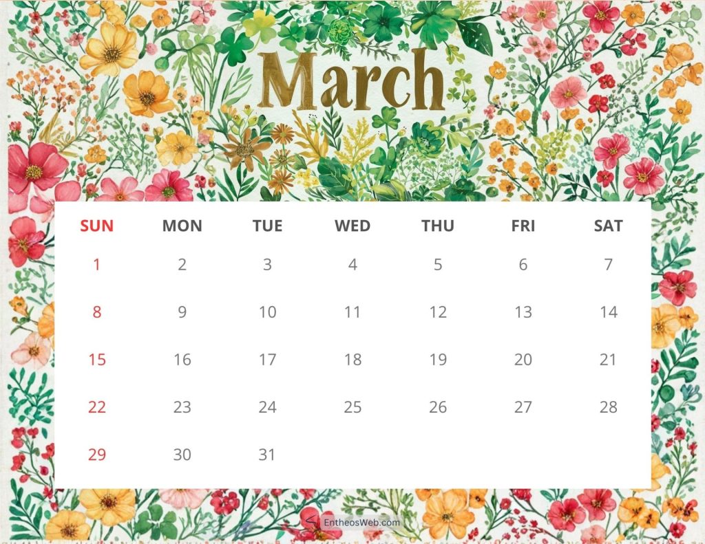March 2026 printable calendar spring flowers