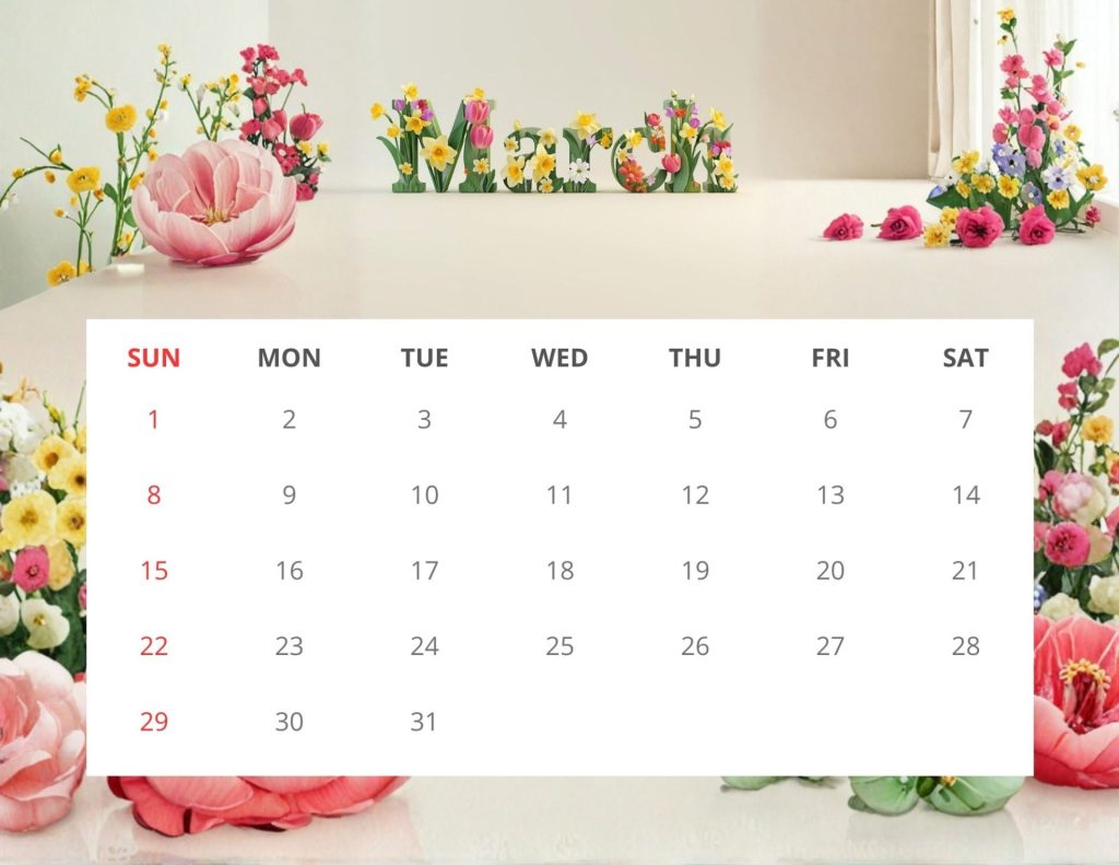 March 2026 printable calendar spring