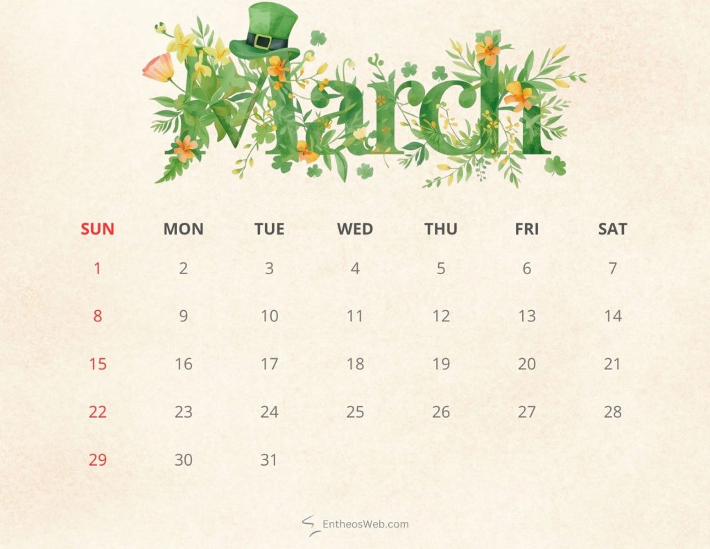 March 2026 printable calendar st patricks day