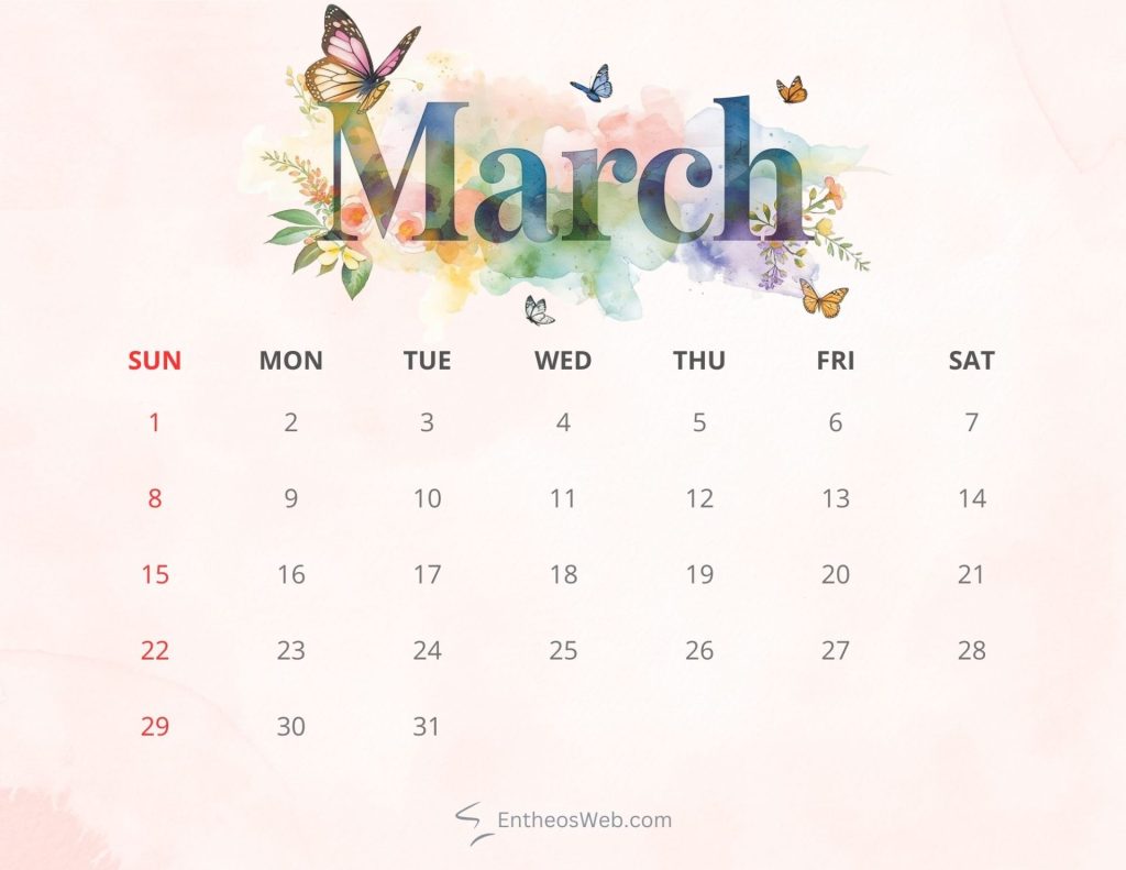 March 2026 printable calendar butterflies