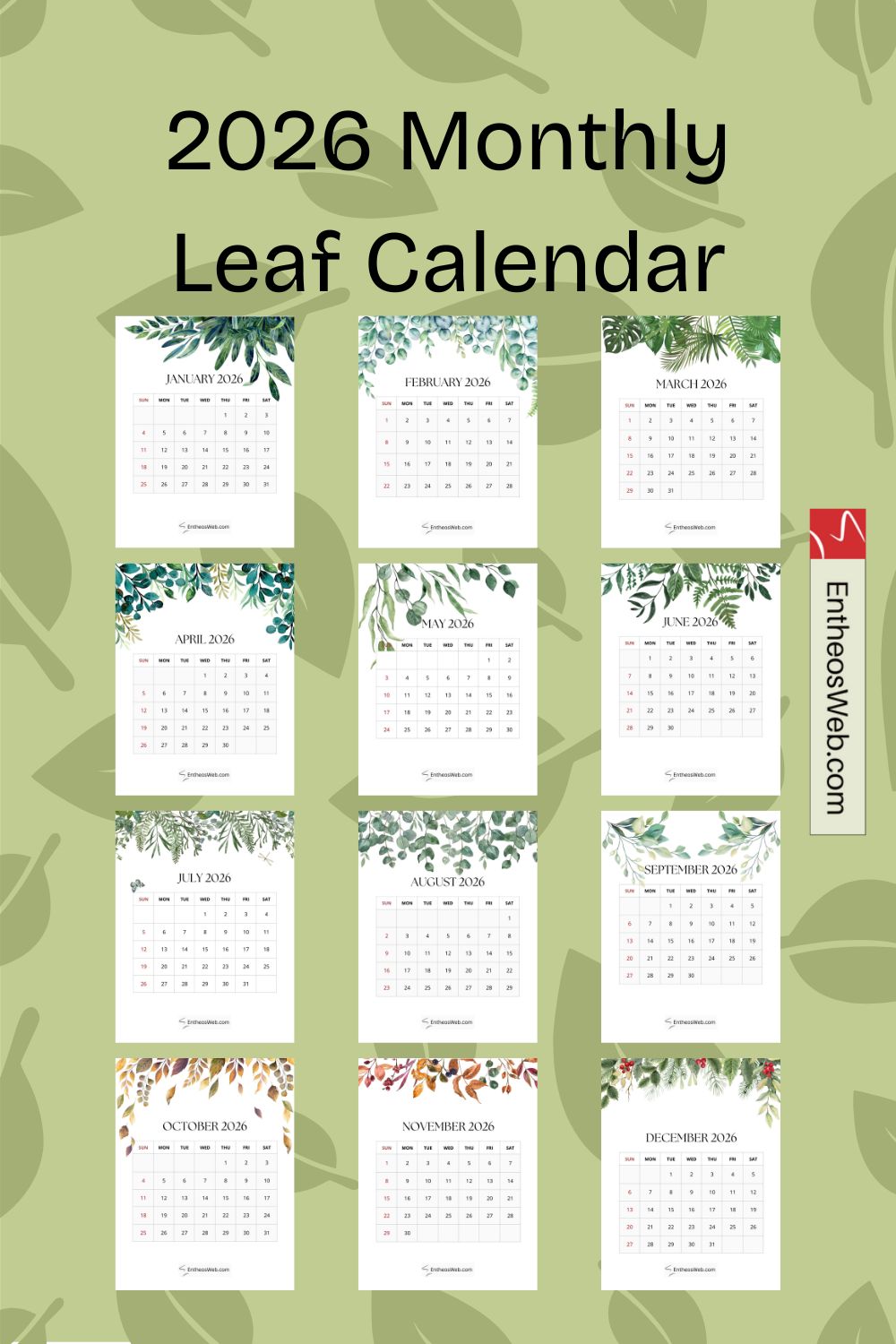 6 | 2026 monthly leaf calendar | entheosweb 2026 monthly leaf calendar