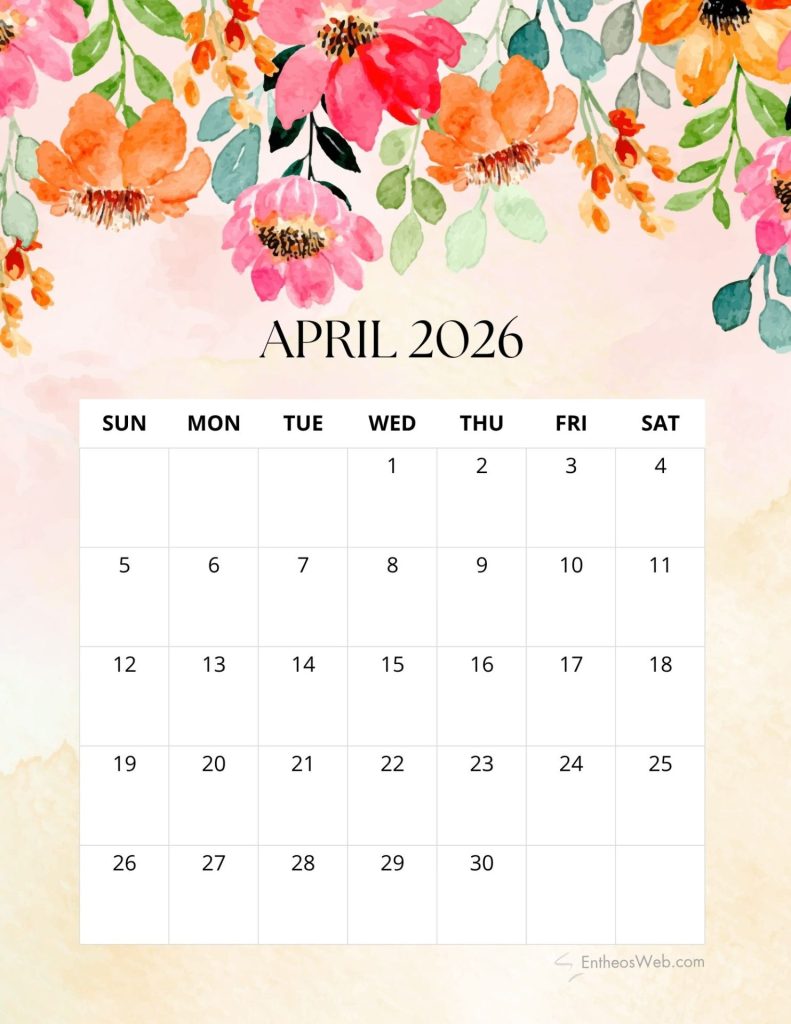 April 2026 colorful floral printable calendar