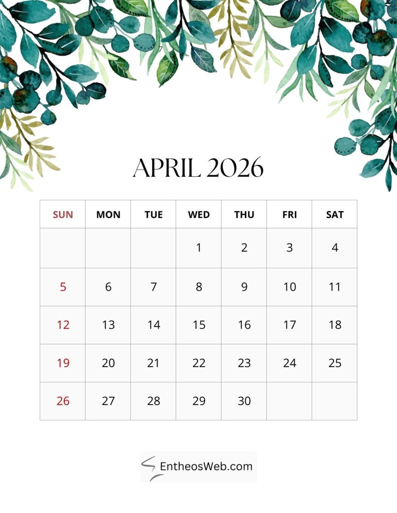 2026 monthly leaf calendar