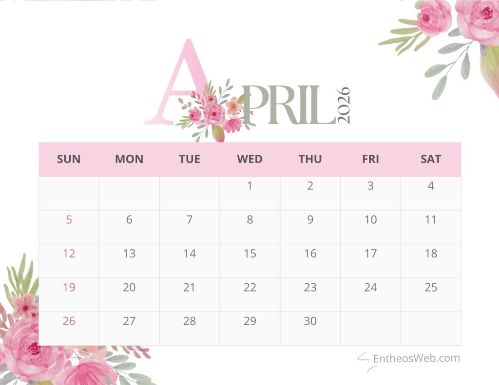 Pink floral month calendar 2026