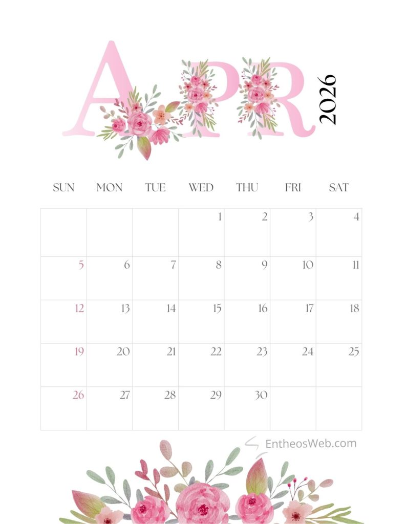 April calendar 2026 printable   pink flowers by entheosweb