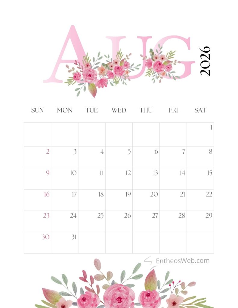 August 2026 calendar printable   pink flowers by entheosweb