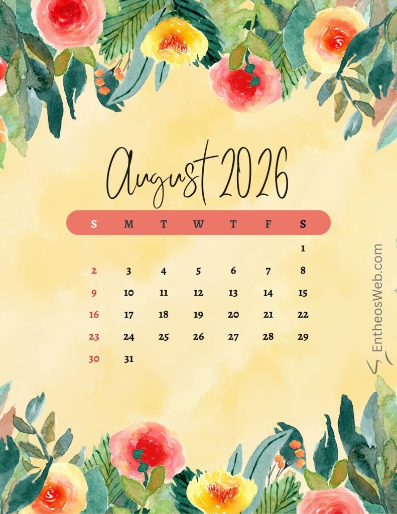 August 2026 calendar on a yellow watercolor background with a colorful floral border framing the page August 2026 floral yellow printable calendar