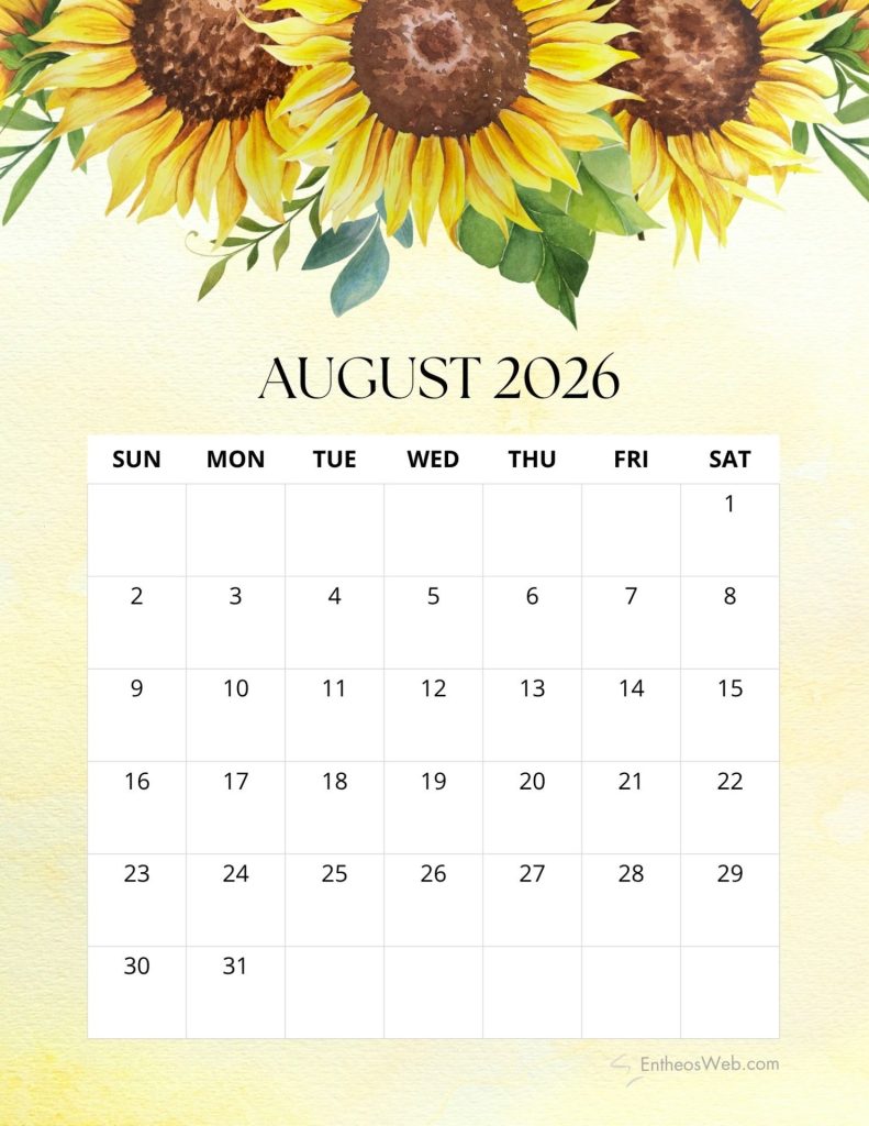 August 2026 sunflower printable calendar