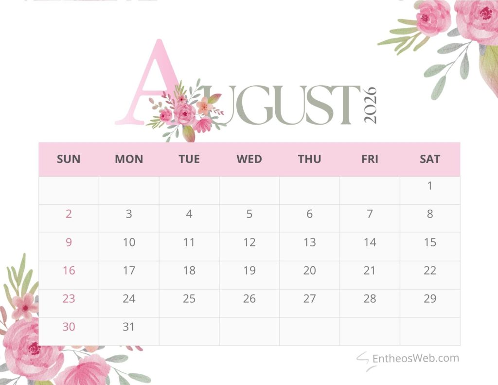 Pink floral month calendar 2026