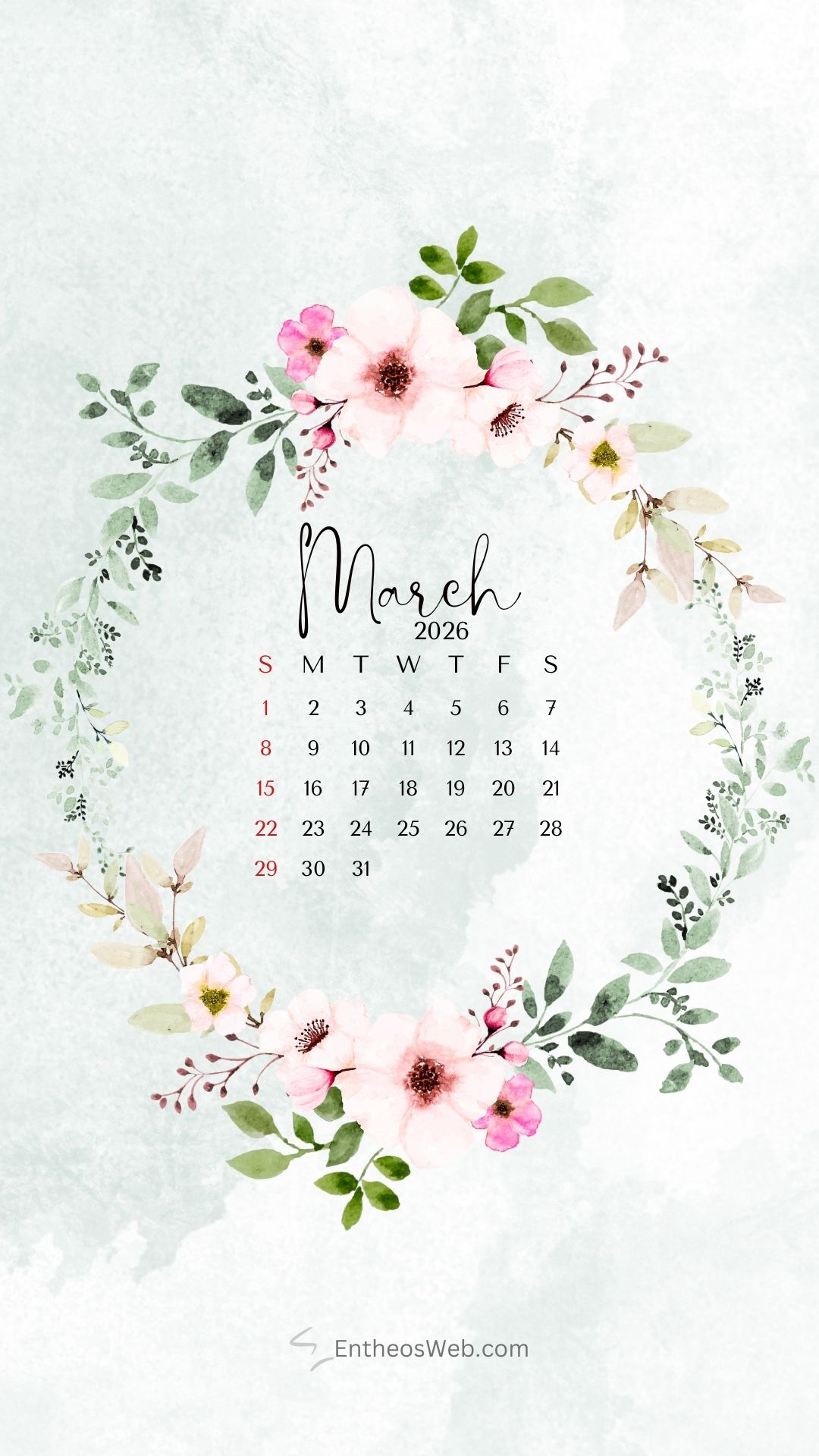 Beautiful floral watercolor design 2026 phone wallpaper calendar | march calendar wallpaper and screensavers for phones 2026 | entheosweb March 2026 calendar phone wallpaper floral wreath