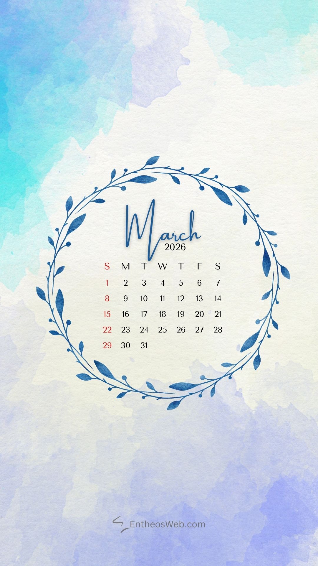 Blue leaf wreath watercolor march 2026 phone wallpaper | march calendar wallpaper and screensavers for phones 2026 | entheosweb March 2026 calendar phone wallpaper