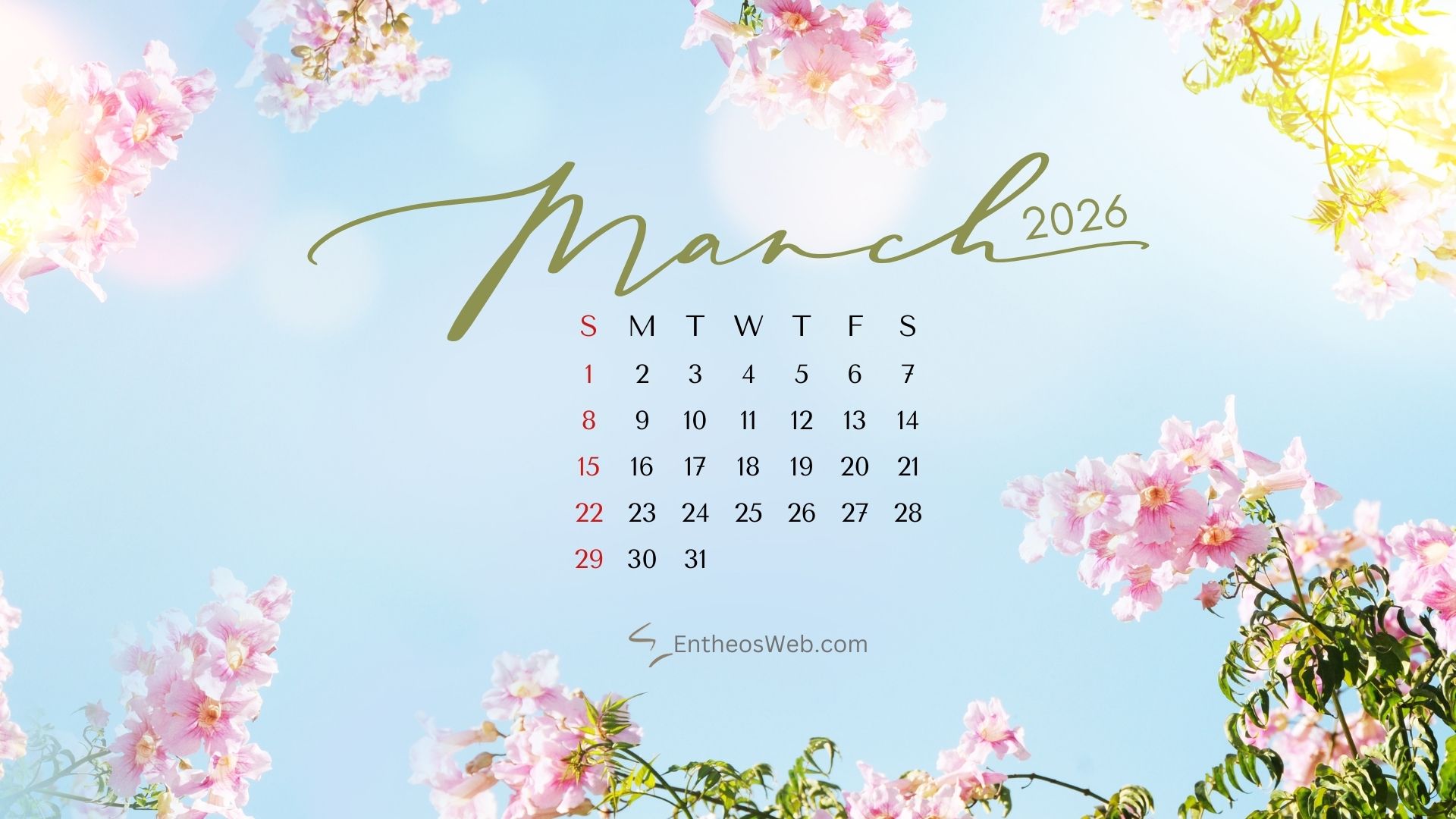 Blue sky with flowers march 2026 wallpaper by entheosweb | march calendar desktop wallpapers 2026 | entheosweb March 2026 calendar desktop wallpaper