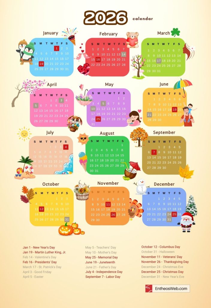 2026 Printable Calendar with Holidays and Observances (Full Year ...