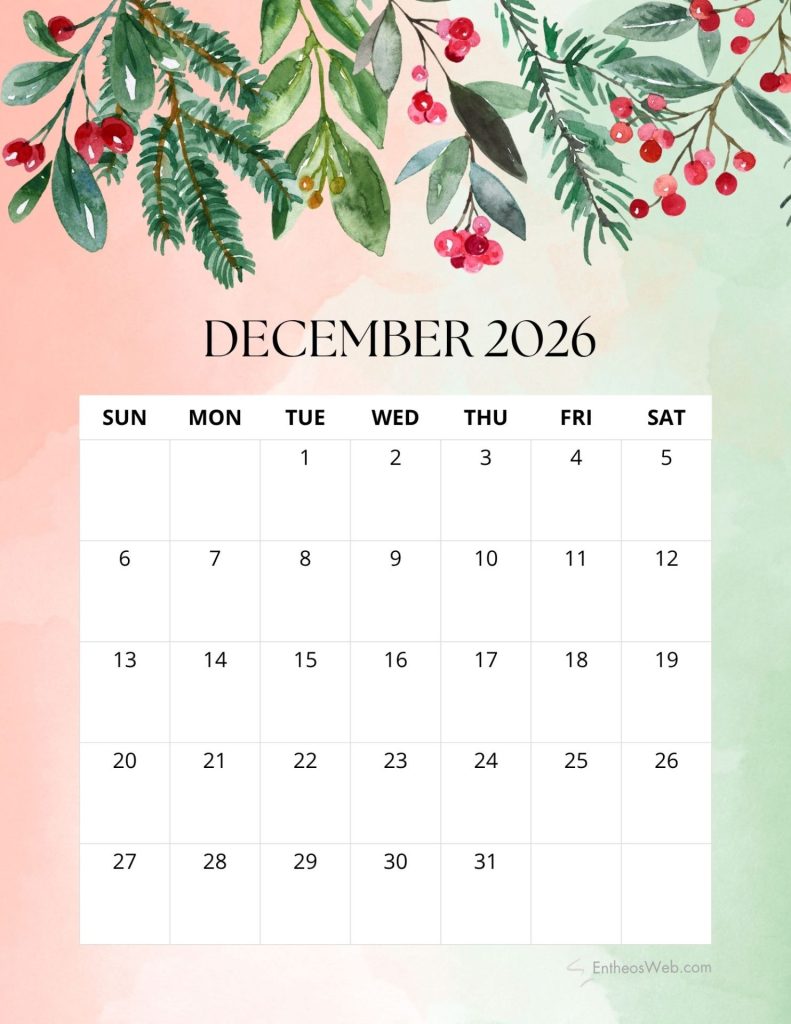 December 2026 floral printable calendar