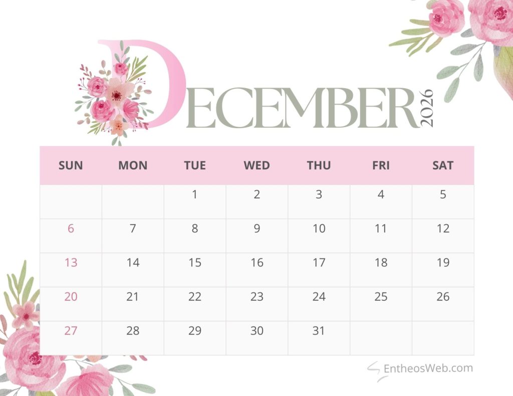 Pink floral month calendar 2026
