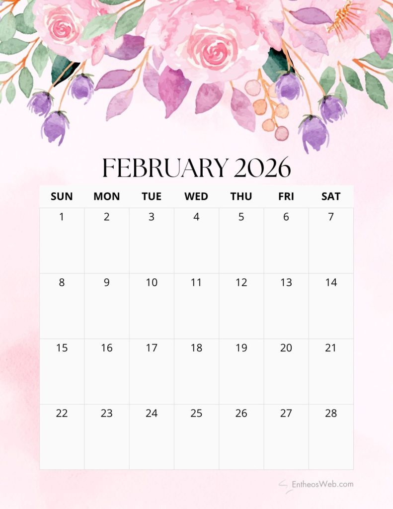 February 2026 pink floral printable calendar