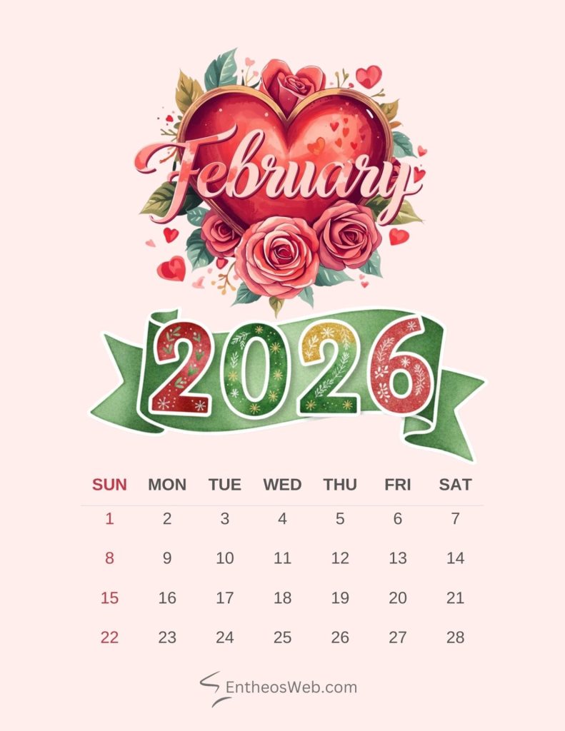 February calendar 2026 printable hearts and snowflakes 2