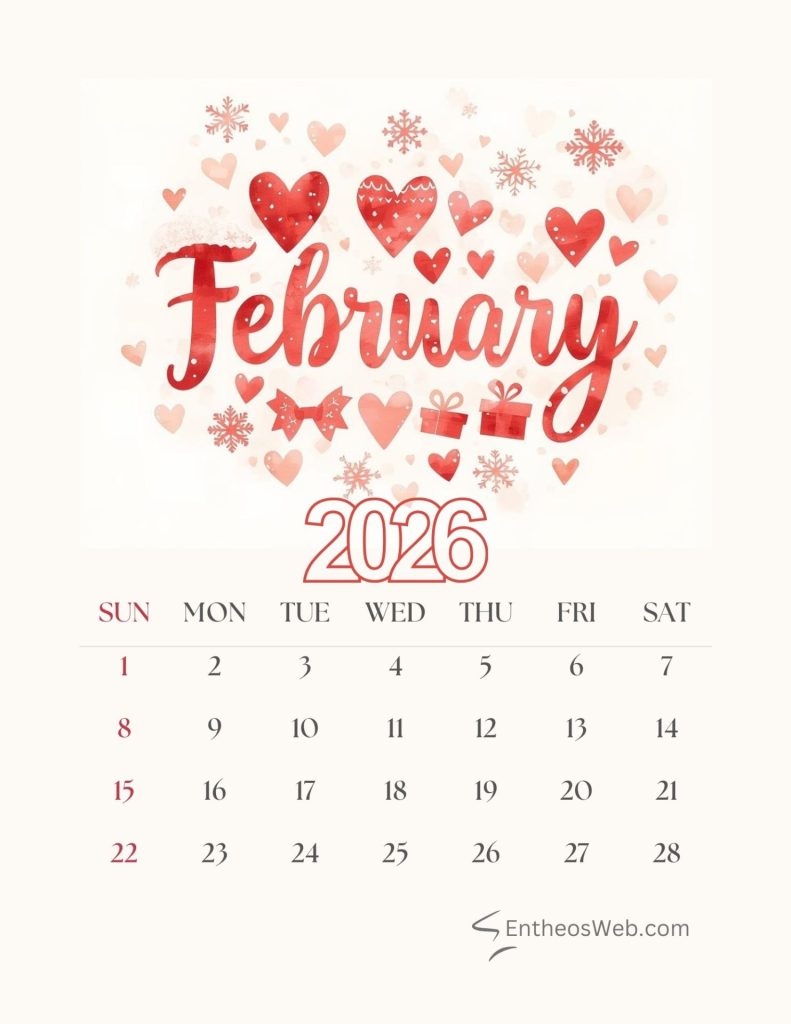 February calendar 2026 printable hearts and snowflakes