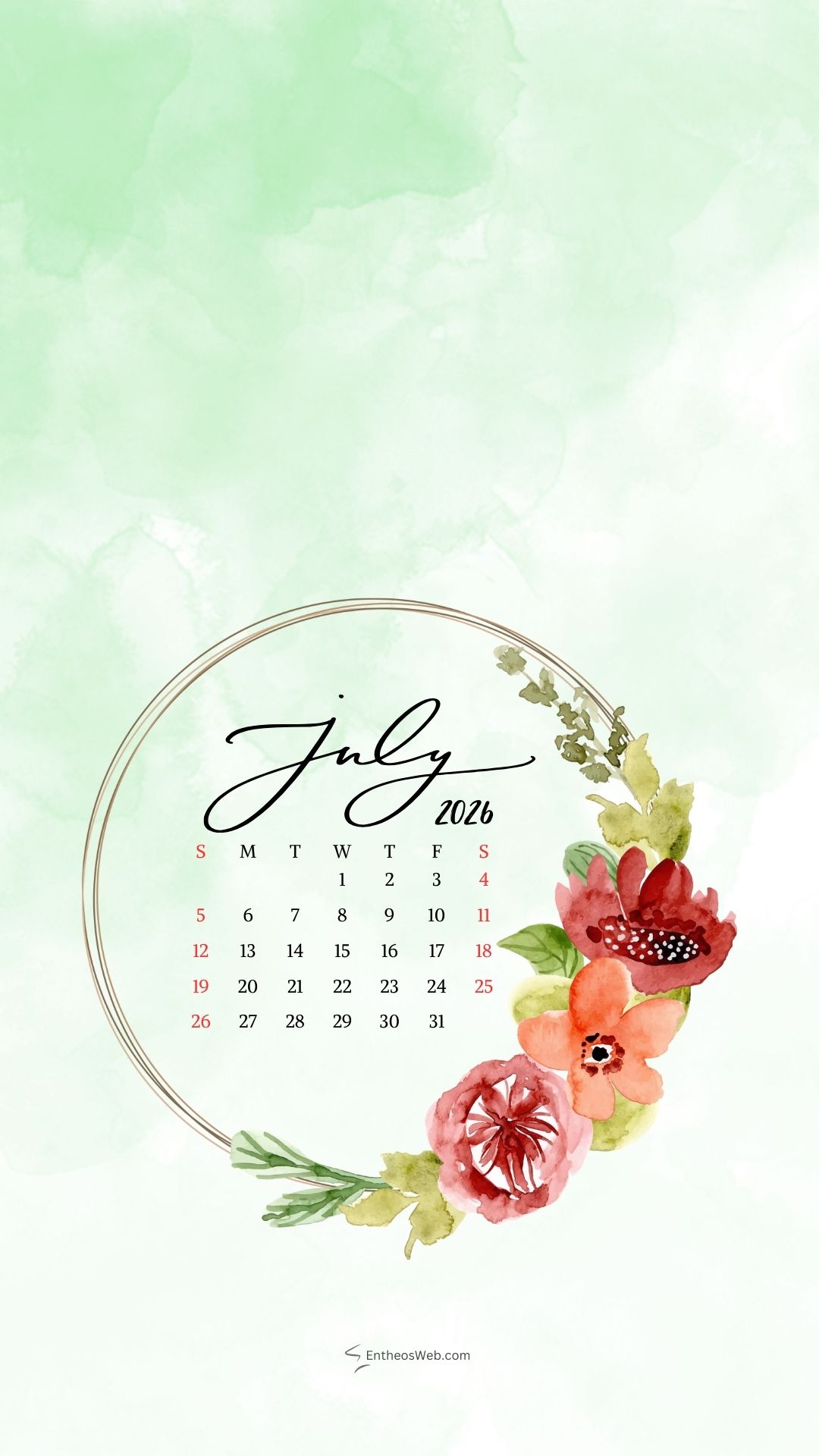 Floral July 2026 Phone Wallpaper Calendar | July 2026 Phone Wallpaper Calendar | Entheosweb July 2026 phone wallpaper calendar