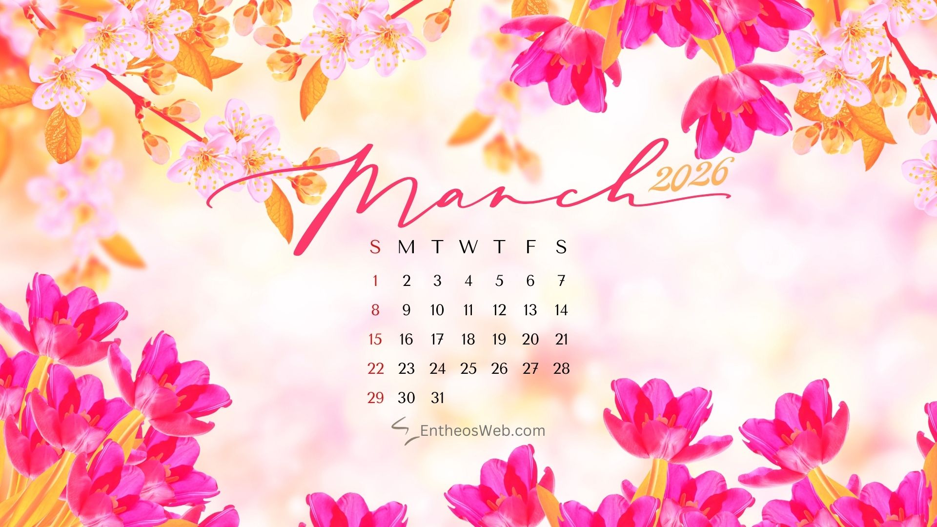 Floral march 2026 wallpaper by entheosweb | march calendar desktop wallpapers 2026 | entheosweb March 2026 calendar desktop wallpaper