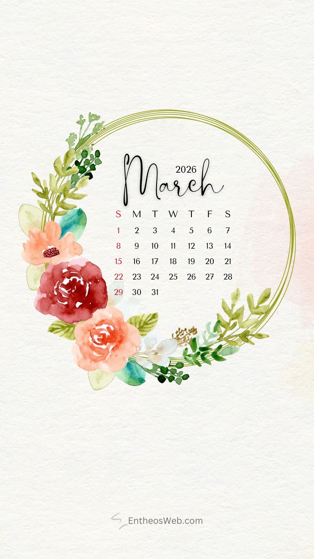 Floral wreath march 2026 phone wallpaper | march calendar wallpaper and screensavers for phones 2026 | entheosweb March 2026 calendar phone wallpaper floral wreath