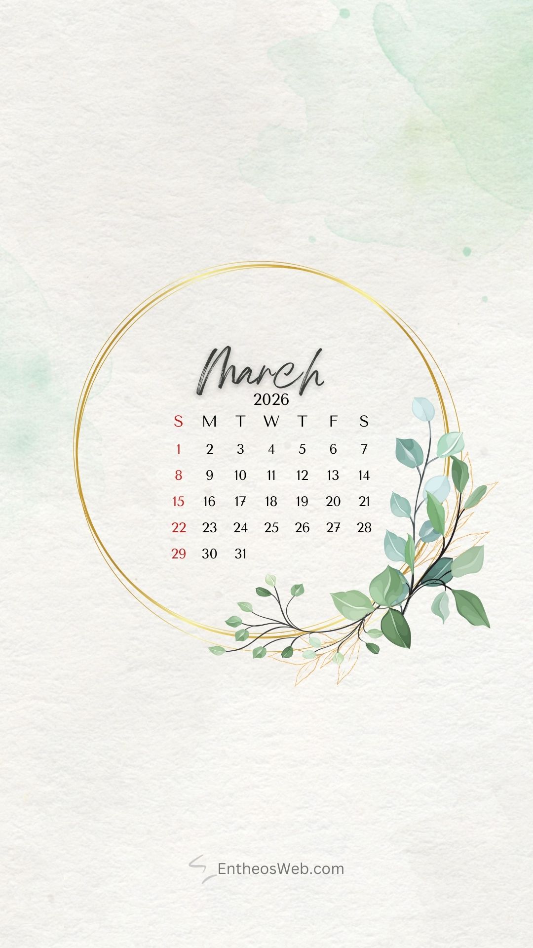 Green watercolor wreath march 2026 phone wallpaper | march calendar wallpaper and screensavers for phones 2026 | entheosweb March 2026 calendar phone wallpaper