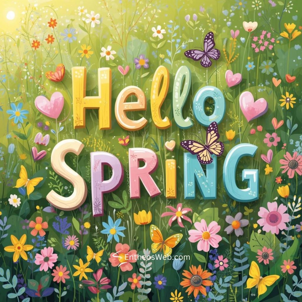 Hello spring with flowers butterflies and hearts