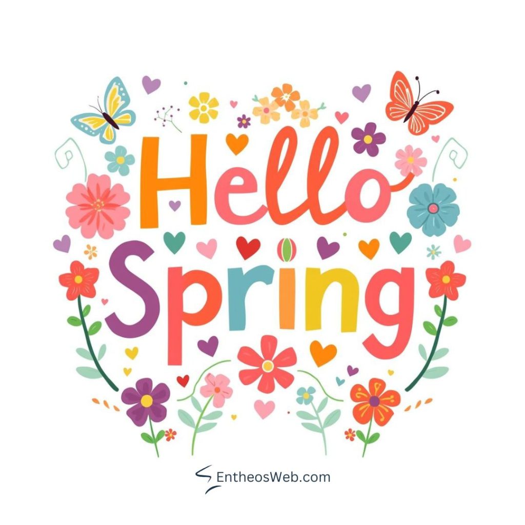 Hello spring with flowers butterflies and hearts 2