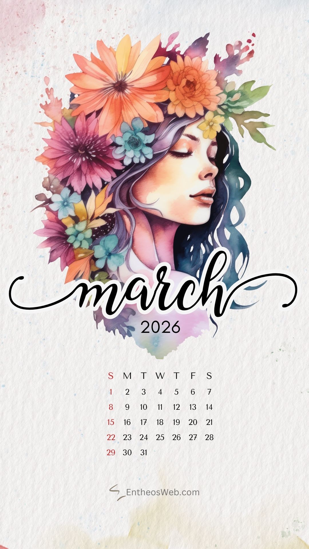 Illustration of woman with long flowing hair with flowers march 2026 phone wallpaper by entheosweb | march calendar wallpaper and screensavers for phones 2026 | entheosweb March 2026 calendar phone wallpaper women's Day